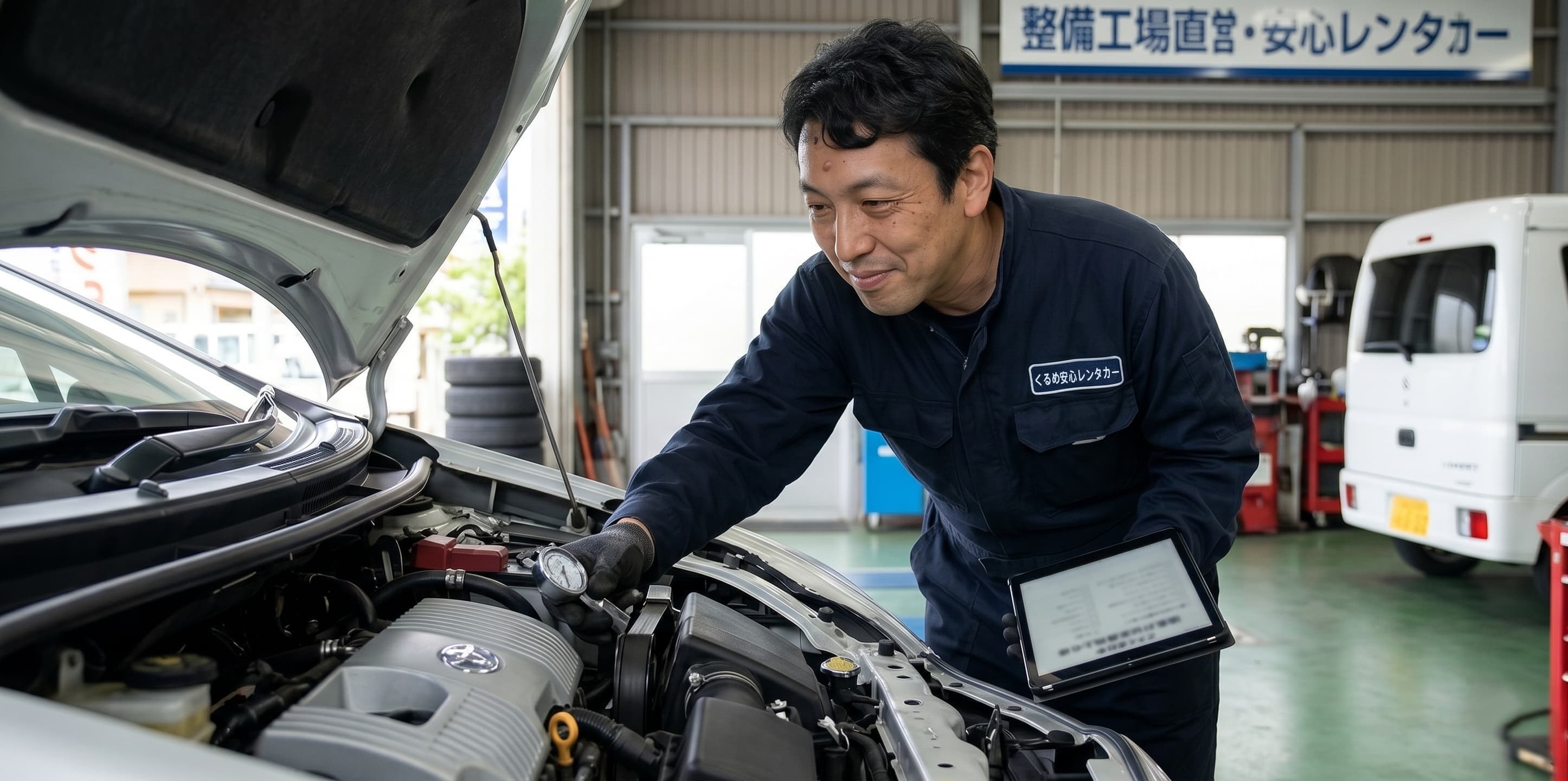 自動車整備工場でタブレットを持つ作業員