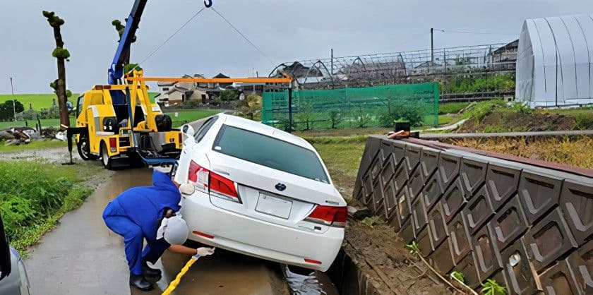 溝に落ちた白い車をレッカー車が引き上げている。安心の自社ロードサービス24時間365日対応!
